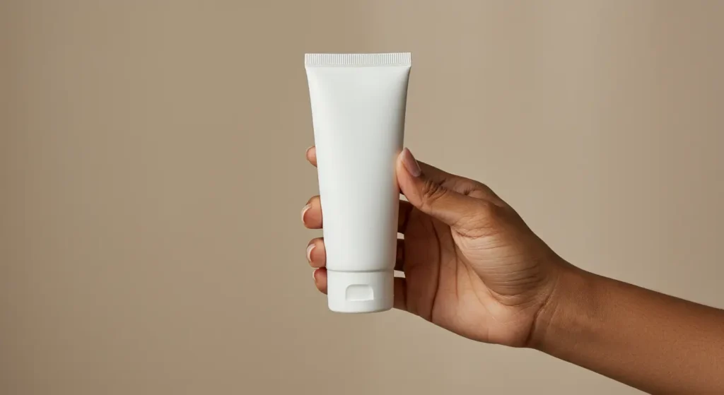 Ek haath mein pimple theek karne wali cream ki ek saaf tube.