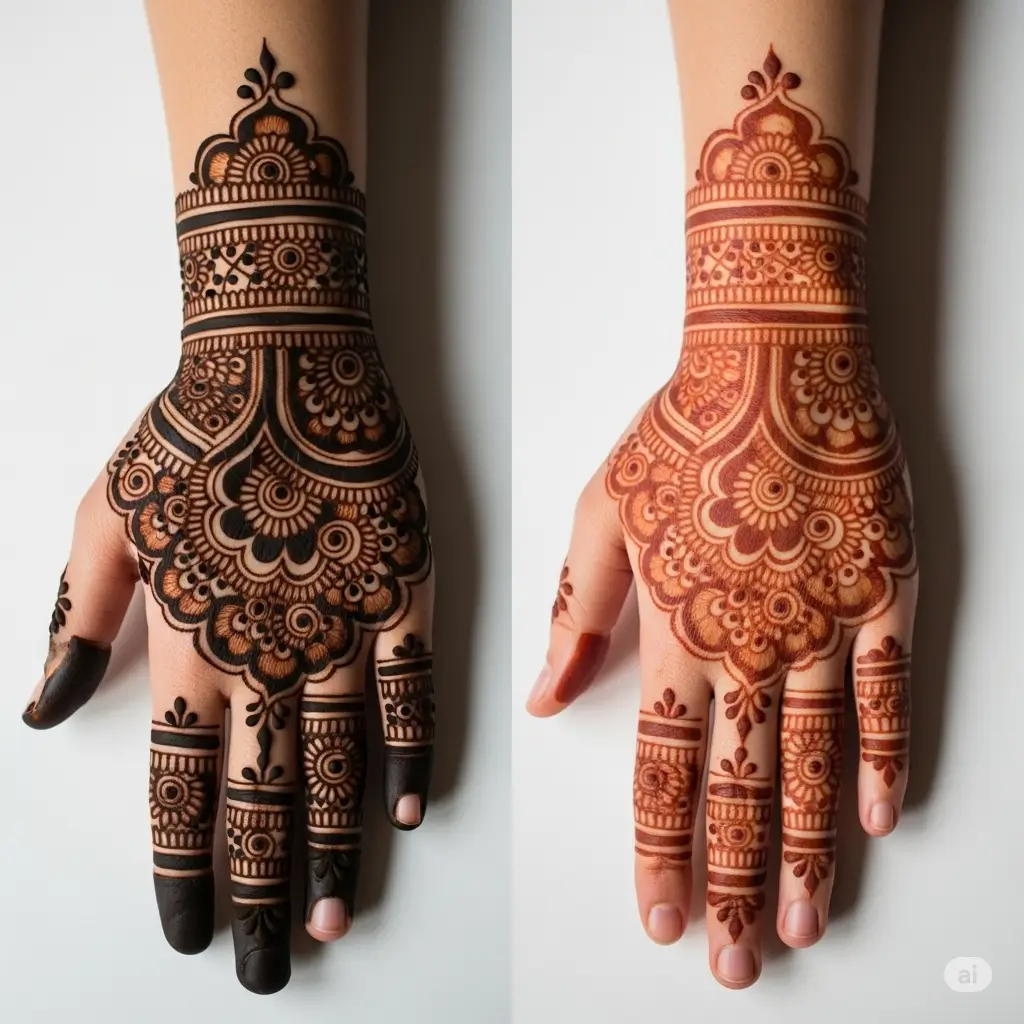 A before and after image showing how to Remove Mehndi from hands, with one hand decorated and the other clean